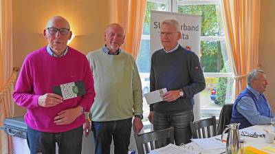 Schatzmeister Gottfried Grieshop (links) und Beisitzer Otto Rauert
(rechts) werden vom 1. Vorsitzenden Josef Müller mit großen Dank für
ihren langjährigen Einsatz im Vorstand  mit Essensgutscheinen verabschiedet.
 Schatzmeister Gottfried Grieshop (links) und Beisitzer Otto Rauert
(rechts) werden vom 1. Vorsitzenden Josef Müller mit großen Dank für
ihren langjährigen Einsatz im Vorstand  mit Essensgutscheinen verabschiedet.